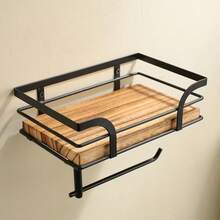 In Stock Solid Wood Wall-Mounted Toilet Paper Holder Bathroom Wooden Wall Shelf Paper Towel Storage Rack For Home - Multicolor - View 2