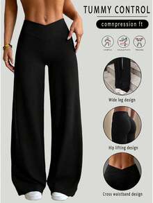 Women Fall Winter Crisscross Waist Wide Leg Yoga Pants, Tummy Control & Butt Lift, Buttery Soft Non-See Through Slim Stretch Pants For Gym Daily Wear - Black - View 1