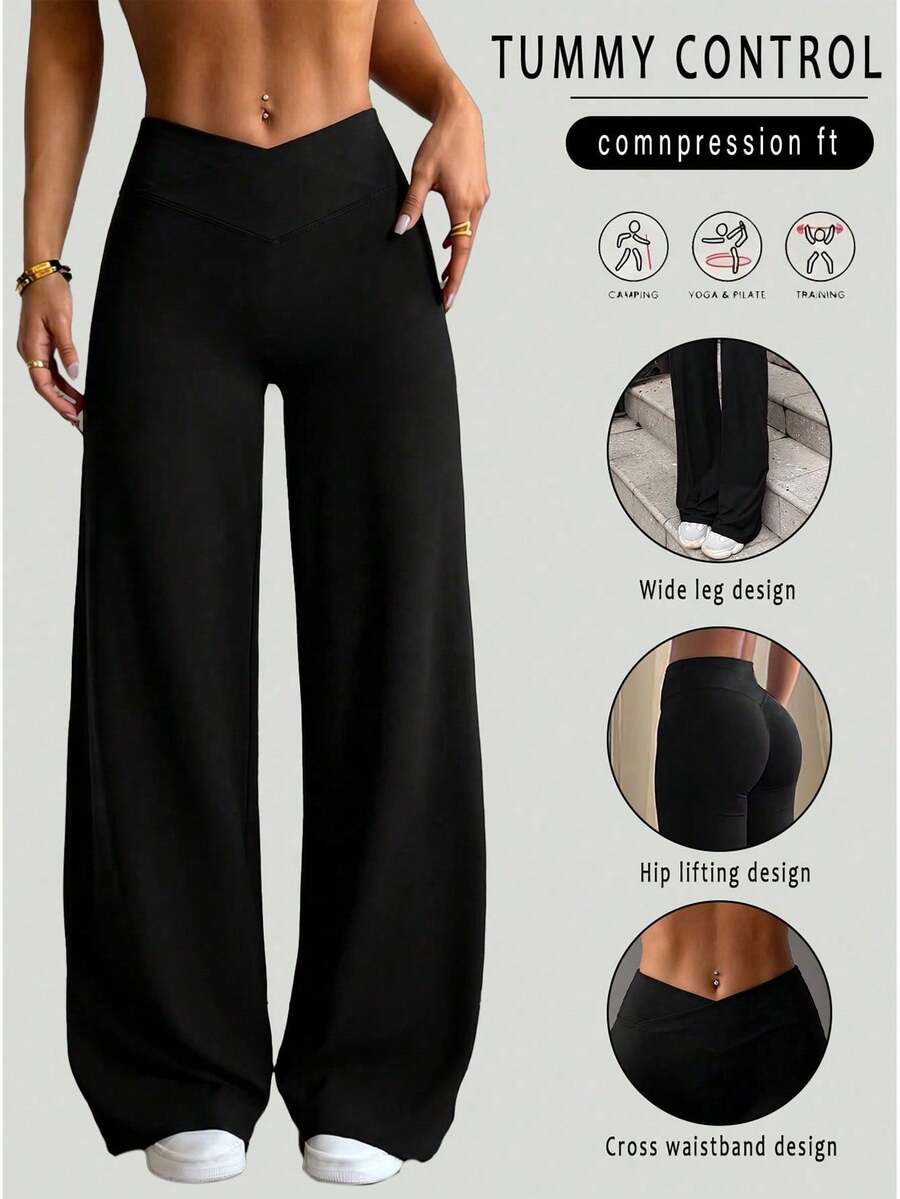 Women Fall Winter Crisscross Waist Wide Leg Yoga Pants, Tummy Control & Butt Lift, Buttery Soft Non-See Through Slim Stretch Pants For Gym Daily Wear - Black - View 1