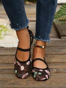 Embroidered Mesh Mary Jane Women's Shoes, Square Toe Elastic Strap Breathable Soft Sole Flat Shoes - Black - View 4