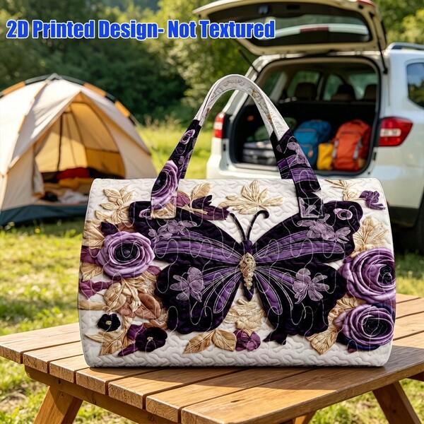 Tas tangan wanita dengan motif kupu-kupu dan bunga berwarna ungu, bergaya artistik romantis, dan berkapasitas besar, sangat cocok untuk jalan-jalan akhir pekan dan sebagai hadiah Natal dan Thanksgiving.