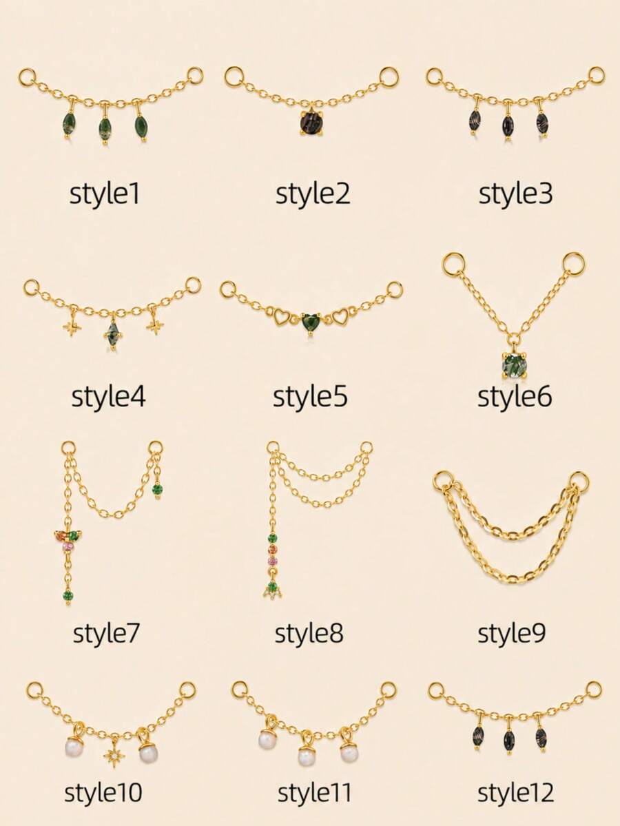1pc 925 Sterling Silver Agate/Colorful CZ/Opal Earring Chain Accessory, 18K Gold Plated Earring Connector Chain, Convertible Dangle Earrings For Women With Double Pierced Ears - Gold - View 1