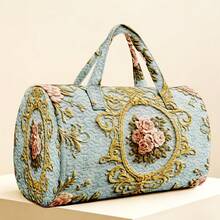 1pc Light Gray-Blue Quilted Cylinder Handbag With Baroque Rose Gold Pattern, Women's Halloween Thanksgiving Christmas Gift - Multicolor - View 8