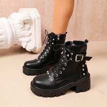 Punk Rivet Thick Sole Boots For Women, Lace-Up Buckle Side Zipper Ankle Boots, Lightweight For Travel Or Daily Wear - Black - View 4