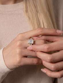 1pc 7ct Emerald Cut Moissanite Engagement Ring, Gold Plated Three-Stone Rectangular Side Stone Wedding Promise Ring, Suitable For Women Bride Jewelry - Style A-white - View 2