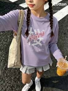 Autumn Girls Long Sleeve Tee With Pink Cherry Blossom Print And Japanese Text, Round Neck Raglan Sleeve, Light Purple - Mauve Purple - View 3