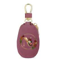 Floral Wreath Letter A-Z Car Key Holder, Mini Car Key Storage Bag, PU Leather Keychain Wallet, Zipper Pouch, Car Key Organizer, Car Keychain, Unisex Gift - Multicolor - View 52