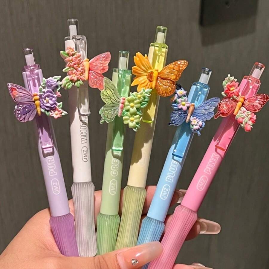 6/12pcs Macaron Color Butterfly Decor Click Neutral Pens, 3D Butterfly Flower Ornament, Playful Eye-Catching Macaron Gradient Pen Body For Writing