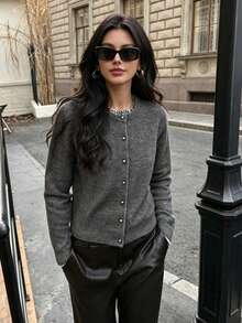 DEEKA Autumn/Winter New Women's European & American Style Fashion Versatile Metal Button Knit Grey Sweater Cardigan - Grey - View 1