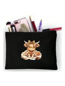 Canvas Tote Bag With Makeup Bag, Printed With Cow Pattern, Adorned With Pink Bow, Matching Makeup Bag, Shopping Bag, Foldable And Lightweight, Multi-Functional Handbag, Suitable For Commuting, Shopping, Daily Use, Party Gift, Suitable As Birthday Gift For Friends And Best Friends, Teacher's Day Gift, Back To School Gift - Multicolor - View 16