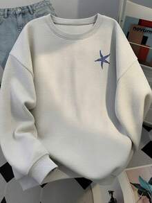 Beach Vacation Style Starfish & Wave Line Print Crew Neck Sweatshirt, Summer Holiday Slogan Casual Drop Shoulder Long Sleeve Top, Autumn Apparel - Off-white - View 4