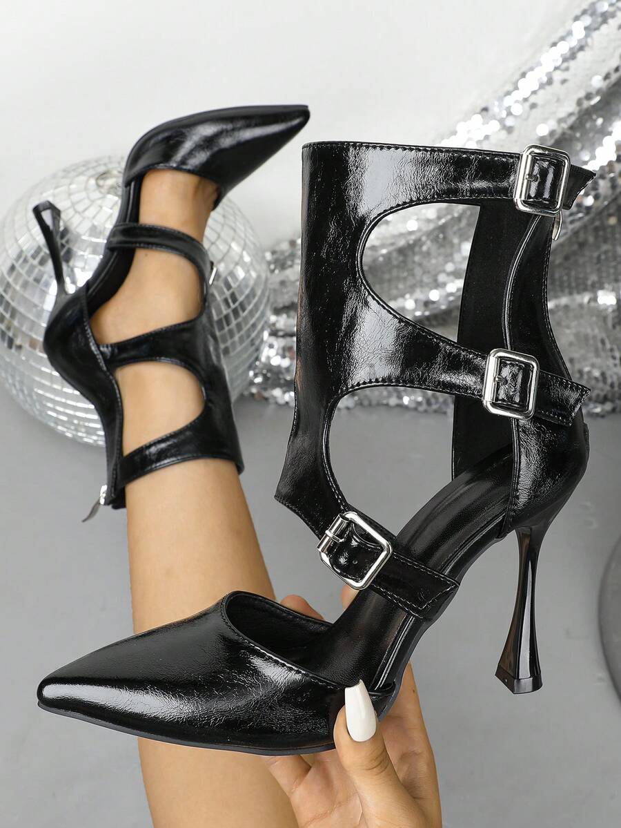 Women's Pointed Toe Black Hollow Out High Heel Ankle Boots, Multi-Buckle Lace-Up Backless High Heel Boots, Party Dress Boots - Black - View 1