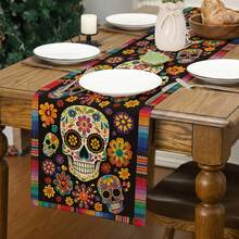 1pc Floral Sugar Skull Mexican Day Of The Dead Table Runner, Halloween Table Runner, Day Of The Dead Kitchen Dining Table Decor, Home Party Decoration - Multicolor - View 2