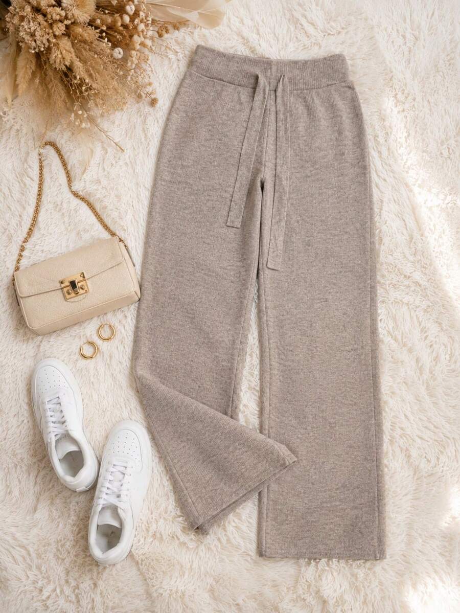 Pantalón de pierna ancha para mujer. Sin bolsillo. Ajuste de cintura natural, cordón tipo cinta ajustable. Textura suave, sin estampado. Interior fresco y muy cómodo. - Beis - Ver 1