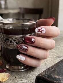 24pcs/Set Short Oval Red Cat Eye Crystal French Press-On Nails, With 3D Tie Dye Circles, Pearls And Stars Design, Full Coverage Acrylic Fake Nails, Includes 1pc Jelly Glue And 1pc Nail File, Suitable For Women And Girls Daily Work And Party Use - Multicolor - View 2