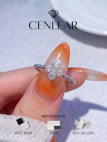 CENLEAR Four-Leaf Flower 0.27ct Moissanite Ring S925 Sterling Silver Platinum Plated Vintage Bridal Engagement Wedding High-End Jewelry Gift - Silver - View 1