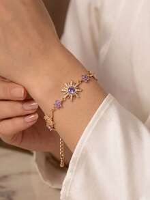1pc Sunflower Bracelet, Sun Bracelet, Inlaid With Shiny Synthetic Zirconia, Suitable For Travel And Vacation Wear, Holiday Gift, Essential Fashion Item For Going Out - Bracelet - View 2