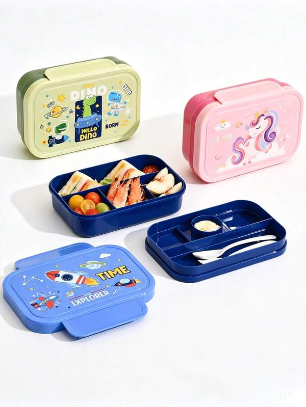 1pc Double Layer Cartoon Lunch Box/School Lunch Box/Kids Lunch Box/Multi-Compartment Design/Easy To Clean/Includes Utensil Storage And Fork & Spoon/Portable/Separate Sauce Compartment/Material: PP/Back To School Essential/Travel Essential/Capacity: 1650ml