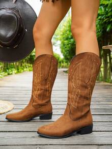 Women's Autumn/Winter Suede Pointed Toe Mid-Calf Western Cowboy Boots, Vintage Embroidered Chunky Square Heel Cowboy Boots - Yellow-brown - View 2