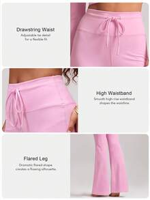 Sodalemon Women's Solid Color Drawstring Waist Flared Yoga Pants, Elastic Fitness Training Casual Running Sports Leggings - Pink - View 4