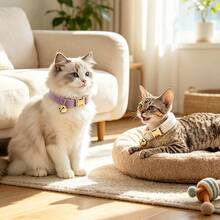 2pcs Cream + Lavender Soft Velvet Cat Collar, With Gold Bell Metal Buckle, Adjustable Size Comfortable Wear, Suitable For Cats And Small Dogs Pet Neck Collar Accessories, Valentine's Day, Easter - Cream White & Lilac - View 4