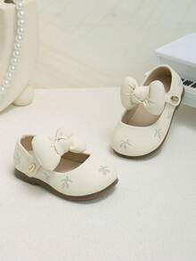 Toddler Little Girls Bow Decor Mary Jane Flats, Soft Non-Slip Sole Dress Shoes For Daily Party - Beige - View 1