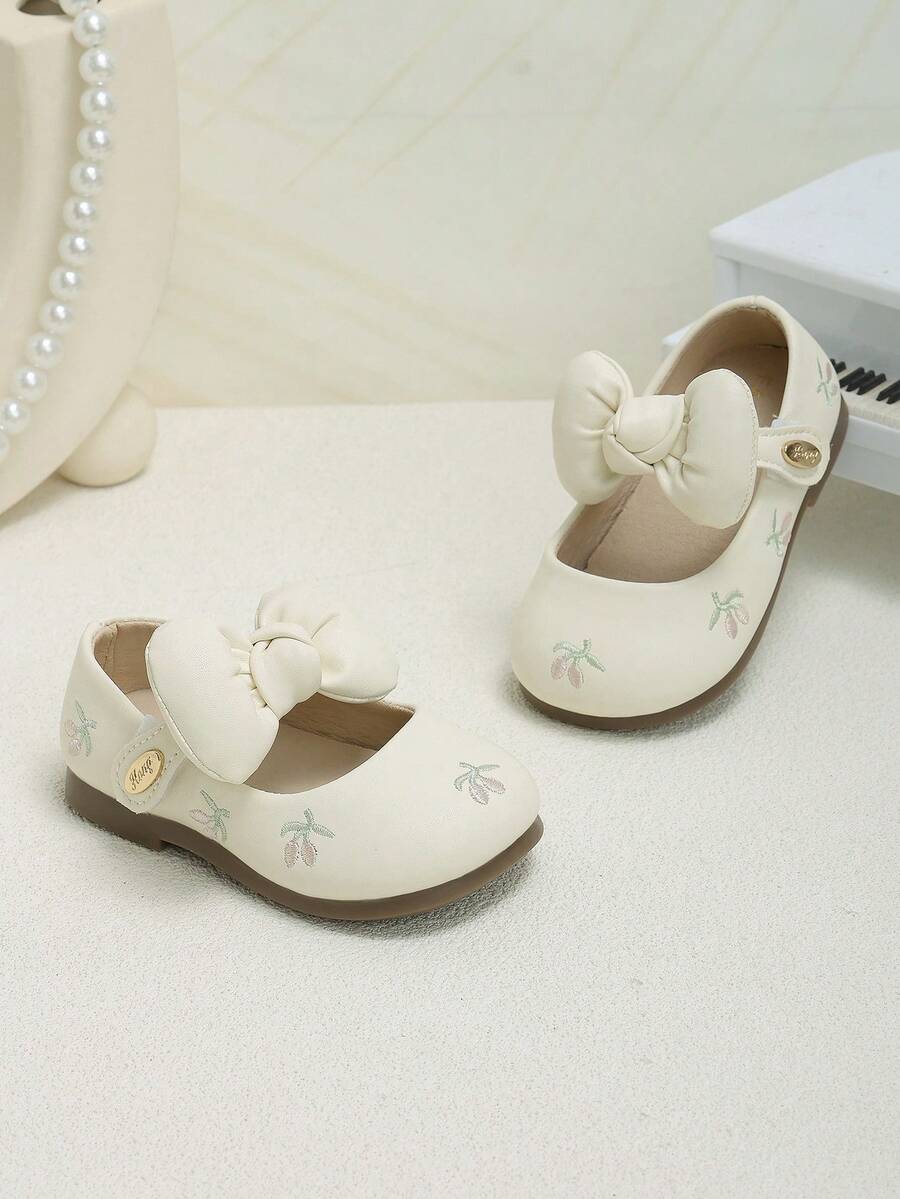 Toddler Little Girls Bow Decor Mary Jane Flats, Soft Non-Slip Sole Dress Shoes For Daily Party - Beige - View 1