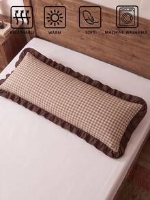 1pc Digital Printed Khaki Plaid With Matching Mocha Ruffles Long Pillowcase (Without Insert), Comfortable And Breathable Polyester Fiber Suitable For All Seasons, Used In Bedroom Settings, Home Decoration, Versatile Daily Fresh And Cute - Multicolor - View 4