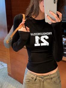 Early Autumn Black Slim Fit Flattering Y2K Long Sleeve T-Shirt For Women, Minimalist Letter Print Design Unique Top - Black - View 2