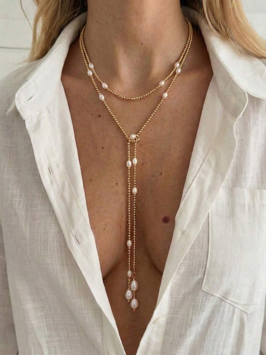 1pc Vintage Coin Inspired Luxurious Shiny Faux Pearl Beaded Long Necklace, Personalized Lava Metal Disc Tassel Pendant Necklace For Women, Suitable For Parties, Work, Commute, Gifts, Daily Wear - Multicolor - View 1