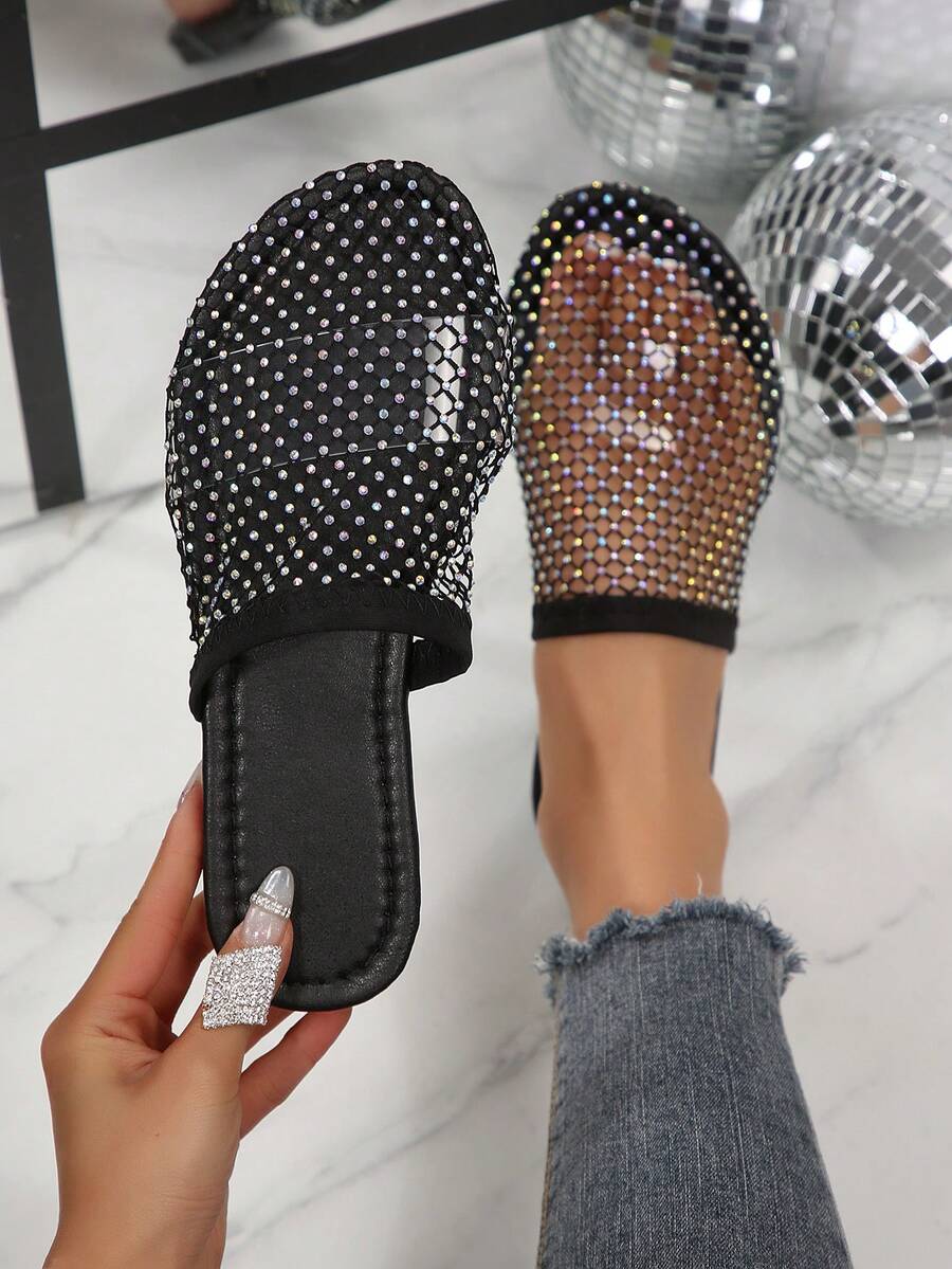 Summer New Niche Minimalist Hollow Rhinestone Flat Slide Sandals For Women, Fashionable Slip-On Mesh Breathable Closed-Toe Half-Slippers - Black - View 1