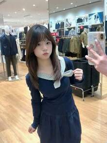 Early Autumn Design Korean Style Bow U-Neck Long Sleeve T-Shirt Top - Navy Blue - View 5