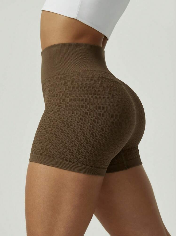 Women's Brown Seamless Ribbed High Waist Slimming Shorts Outdoor Running Tennis Golf Gym Stylish - Brown - View 4