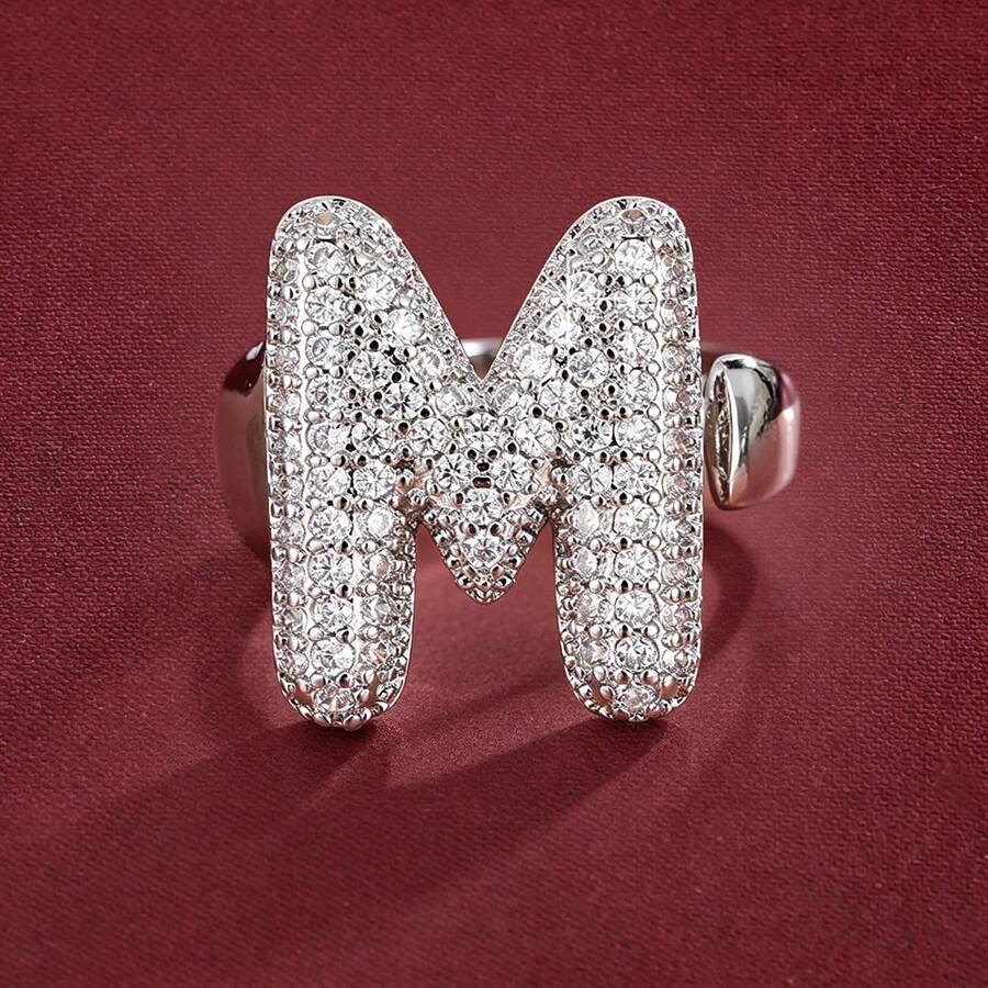 1pc English Letter Design Cubic Zirconia Inlaid Adjustable Open Ring For Women - Multicolor - View 1