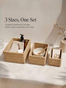 1/3pcs Handmade Woven Rattan Storage Tray Desktop Organizer, Suitable For Cosmetics, Keys, Jewelry, Stationery And Other Small Daily Items, Multi-Functional Stackable, Rustic Natural Woven Rattan Finish, Versatile Fashionable, Suitable For Home Living Room Bedroom Study Office Desktop - Camel - View 1