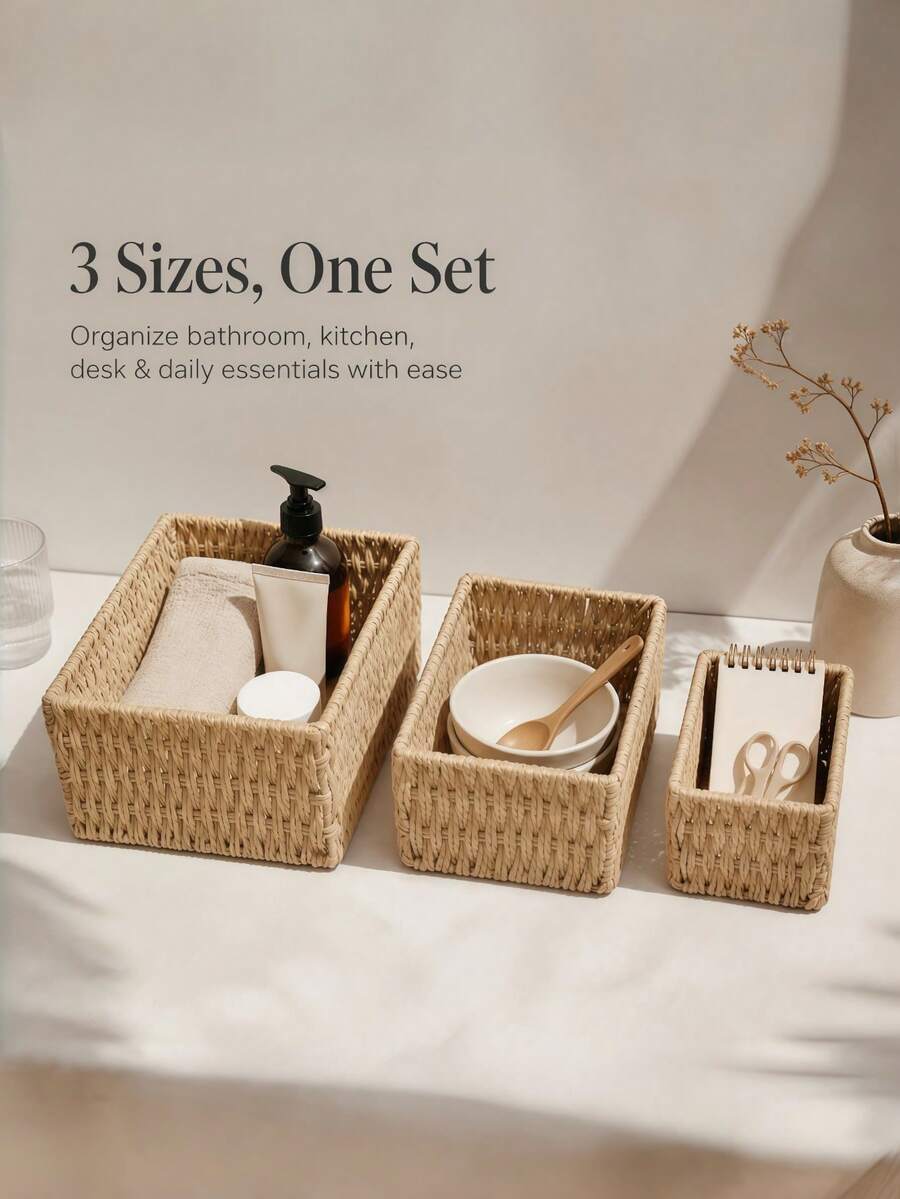 1/3pcs Handmade Woven Rattan Storage Tray Desktop Organizer, Suitable For Cosmetics, Keys, Jewelry, Stationery And Other Small Daily Items, Multi-Functional Stackable, Rustic Natural Woven Rattan Finish, Versatile Fashionable, Suitable For Home Living Room Bedroom Study Office Desktop - Camel - View 1