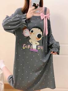 Bow Cold Shoulder Cartoon Cute Print Long Comfortable Soft Women's Nightgown - Dark Grey - View 1