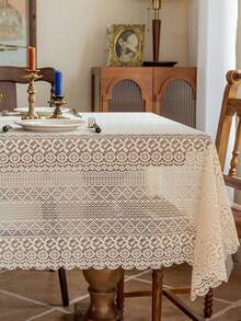 1pc Lace Tablecloth, Scalloped Hem Decor, Polyester Fabric, Jacquard Floral Pattern, Rectangular Square Round Tablecloth, Suitable For Patio Garden Tea Table Dining Room Living Room Tabletop Decoration - Apricot - View 2