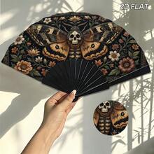 2D Flat Style, Fashionable Handheld Folding Fan, Featuring Dark Vintage Skull, Moth And Floral Pattern, Perfect For Summer Parties, Music Festivals And Bar Use. Also An Excellent Home Decor And Gift - A - View 1