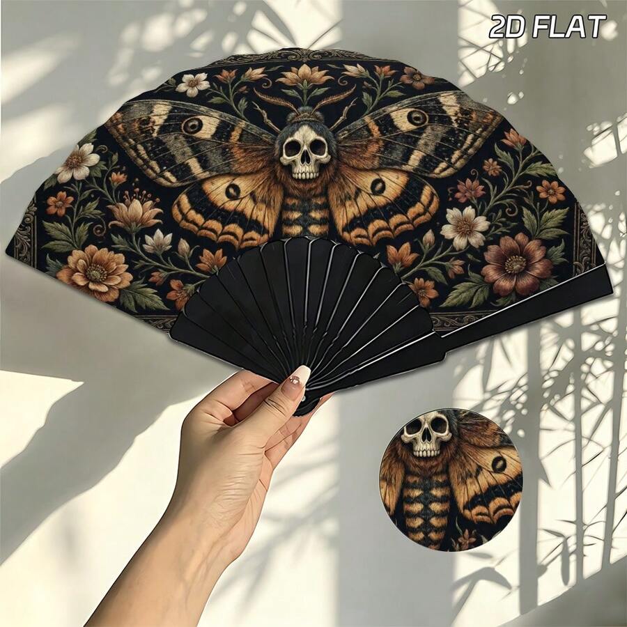 2D Flat Style, Fashionable Handheld Folding Fan, Featuring Dark Vintage Skull, Moth And Floral Pattern, Perfect For Summer Parties, Music Festivals And Bar Use. Also An Excellent Home Decor And Gift - A - View 1
