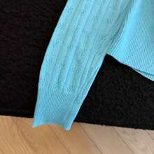 Blue Long Sleeve V-Neck Short Sweet Style Hollow Out Jacquard Knit Cardigan Women Top - Mint Blue - View 9