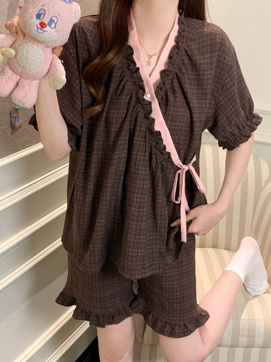 2pcs/Set Piyama Wanita Set Pakaian Rumahan, Kimono Kotak-kotak Amerika Lengan Pendek Celana Pendek, Musim Semi/Panas - Coklat - View 1