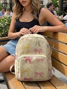 1 Piece Backpack, Women's Mini Backpack, Corduroy Girl School Bag, Travel Storage Bag, Bow Printed Design, Large‑Capacity Foldable Easy‑To‑Store Bag, Lightweight & Pressure‑Relieving, Multi‑Pocket Layered Design With Zipper Closure - Bow 22471 - View 7