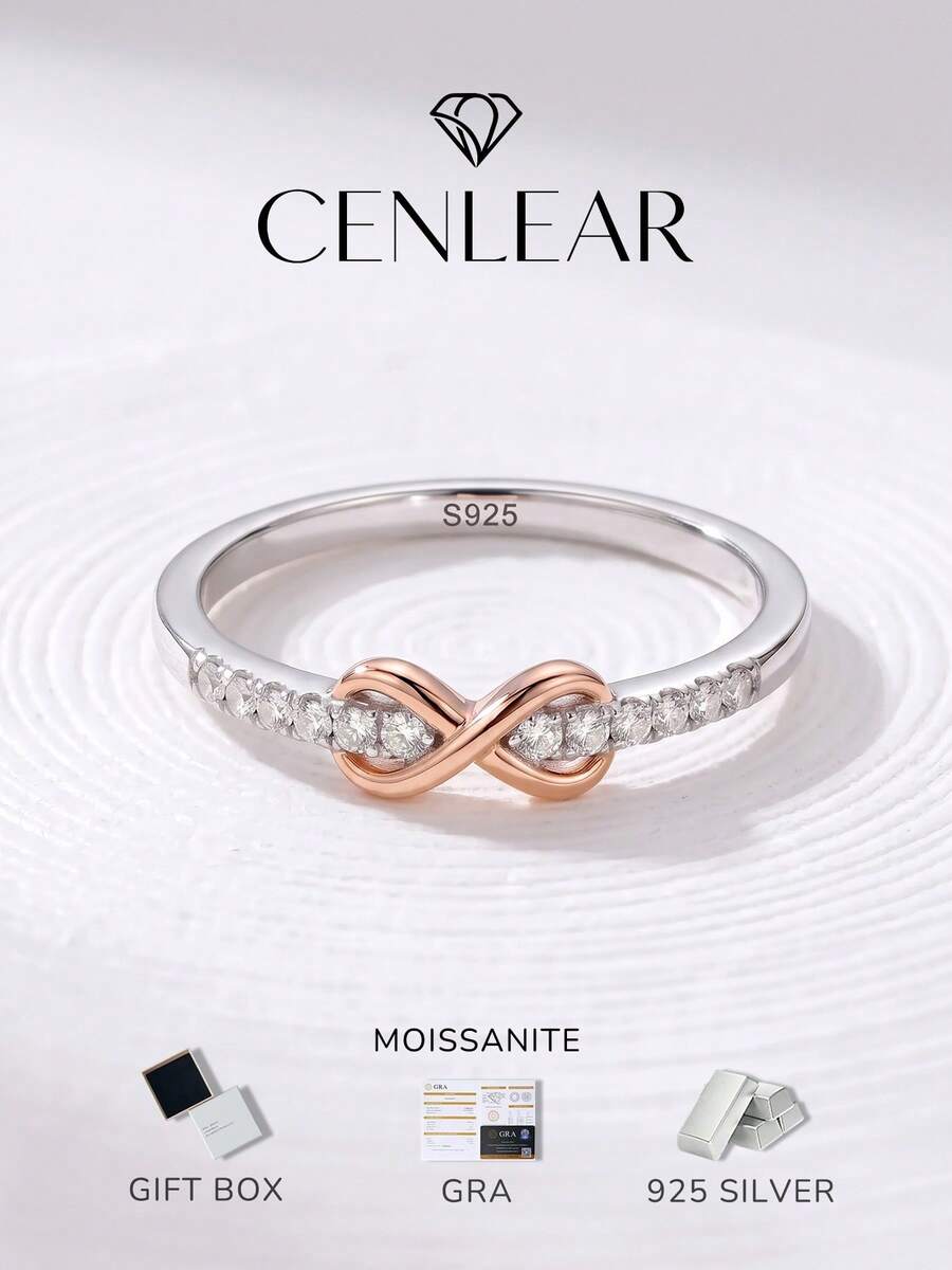 CENLEAR 1pc Infinity 8 Moissanite Ring S925 Sterling Silver Platinum Plated Shiny Style Daily Wear Wedding Promise Exquisite Jewelry Women Gift - Silver - View 1