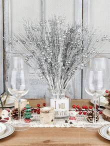6pcs Silver Glitter Christmas Tree Decorative Branches With Berries And Artificial Flowers, Suitable For Holiday, Wedding, Party, Tabletop Decor, DIY Decoration Accessories, Christmas Tree And Christmas Plant Decoration - Silver - View 7