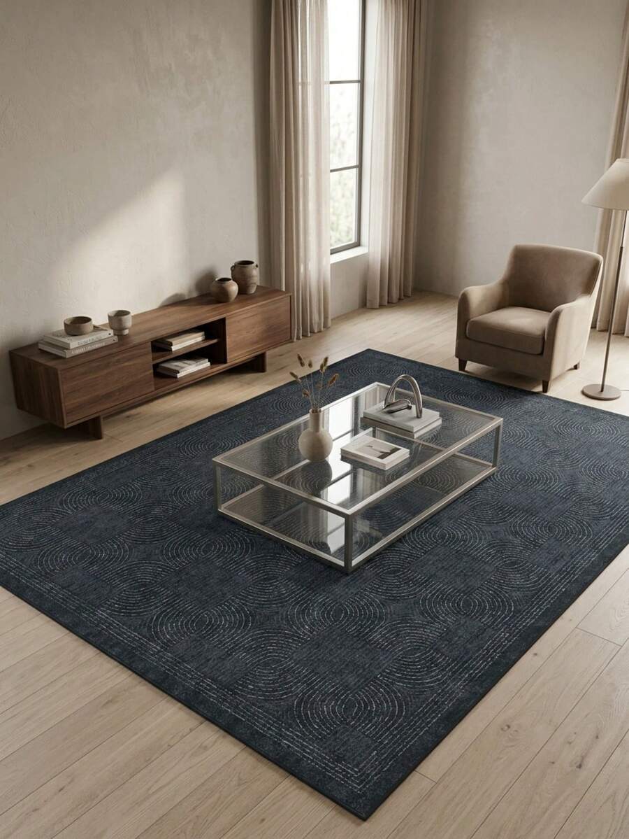1PC Dark Gray Background Repeating Arc Geometric Grid Area Rug, Modern Minimalist Faux Cashmere Rectangular Distressed Washed Texture Machine Washable Mat, Suitable For Living Room Bedroom Study Home Decor - Multicolor - View 1