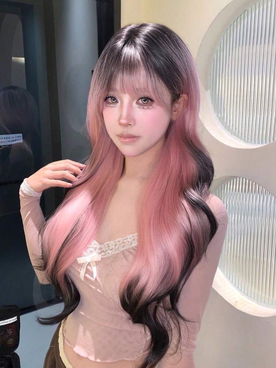 alicegarden 30-Inch Long Synthetic Wig Featuring A Natural Wavy Style In A A Stunning Multicolor. Designed With Bangs , This False Hairpiece Is Perfect For Ms Daily Party Cosplay Use, Offering A Natural And Natural Durable Wig Gift For Ladies. - Multicolor - View 1