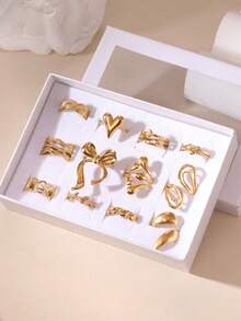 12PCS Exaggerated Elegant 18K Gold Plated Stainless Steel Heart Flower Geometric Crown Bow Rings Jewelry Box Set Gift Box Packaging Suitable For Women Daily Wear And Gifting - Gold - View 4