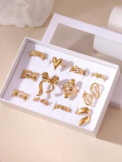 12PCS Exaggerated Elegant 18K Gold Plated Stainless Steel Heart Flower Geometric Crown Bow Rings Jewelry Box Set Suitable For Women's Daily Wear And Gift