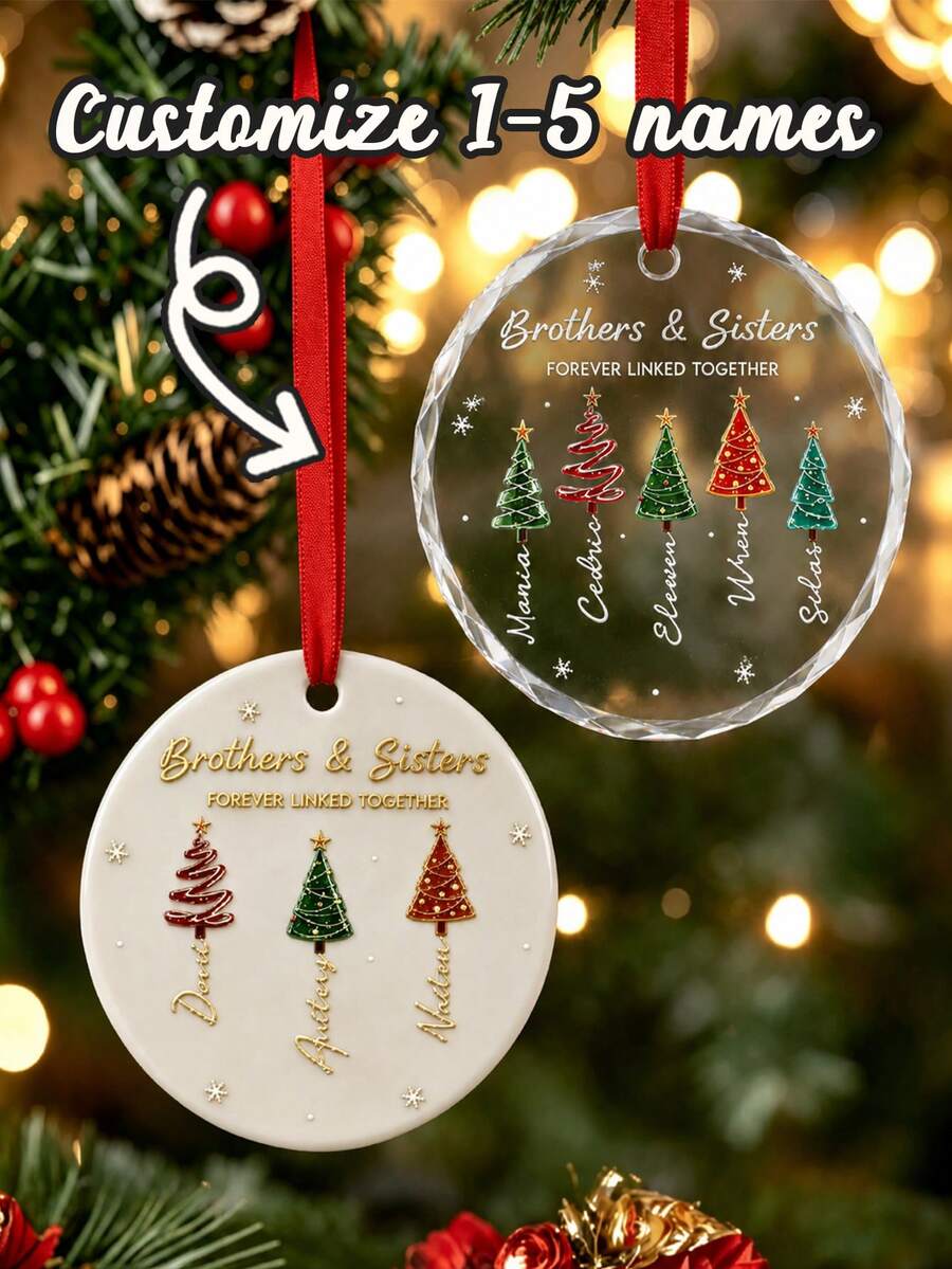 Custom Festive Christmas Tree Ornament, Personalized Brothers And Sisters Name Decor, Hanging Decoration For Family Gift Giving And Holiday Party Favors, Customized Xmas Ornament With 1-5 Names, Customizable Holiday Keepsake Gift. - Style C - View 1